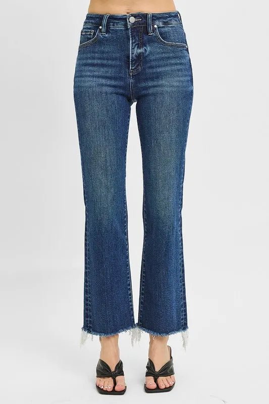 RISEN Tummy Control High Rise Crop Straight Raw Hem Jeans - Love Salve